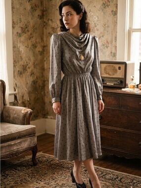Vintage Gray Polka Dot Long Sleeve Midi Dress Cowl Neck Elastic Waist Mod S M